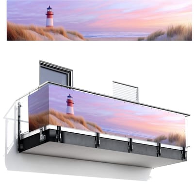 Balkonscherm 500x110 cm - Balkonposter Vuurtoren - Duinen - Zonsondergang - Balkon scherm decoratie - Balkonschermen - Balkondoek zonnescherm