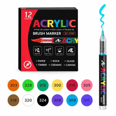 Acrylmarkers - 12 kleuren - directe inkttoevoer met slimme inktregeling - zachte punt voor tekenen en DIY - basisverpakking