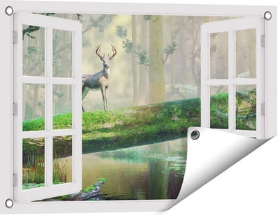 Gards Tuinposter Doorkijk Hert in het Bos op een Boom - 60x40 cm - Tuindoek - Tuindecoratie - Wanddecoratie buiten - Tuinschilderij