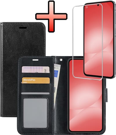 Hoesje - Met Screenprotector - Geschikt voor Samsung Galaxy A56 - Luxe Pasjeshouder - Bookcase Portemonee - Flip Case - Kunstleer Book Case - Flipcase - Book Cover - Walletcase - Portemonneehoes - Zwart