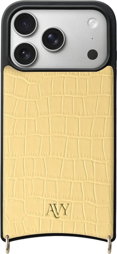 AVY Leren Hoesje geschikt voor Apple iPhone 17 Pro | Compatibel met MagSafe | Leather Case | Back Cover | Haakjes voor koord | Croco Geel