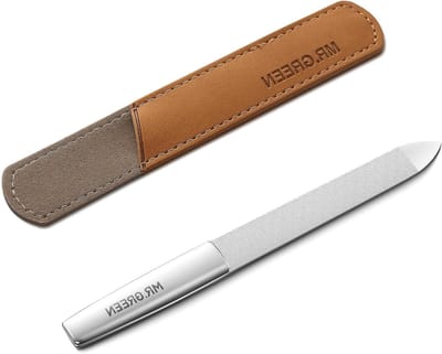 SnelShoppen - Professionele dubbelzijdige nagelvijl van roestvrij staal met antislip handgreep en leren hoes, wasbare nagelvijl voor mannen en vrouwen