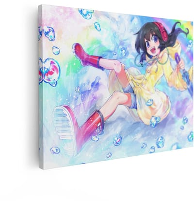 Artaza Canvas Schilderij Anime Meisje - 80x60 cm - Wanddecoratie Kinderkamer - Muurdecoratie Regenboog - Decoratie Gele Regenjas