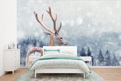 Behang - Fotobehang Winter - Hert - Dieren - Breedte 320 cm x hoogte 240 cm
