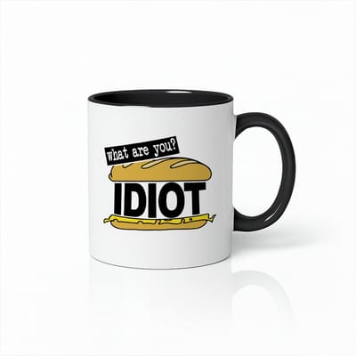 “What Are You? Idiot” Wit-Zwarte Mok – Grappige Broodje Grap Print – 330 ml Humoristische Koffiebeker