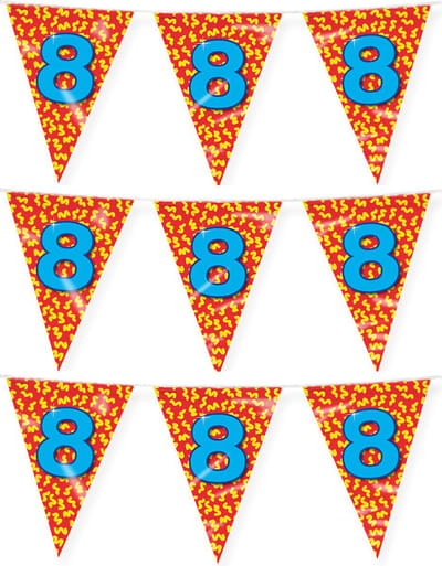 Paperdreams verjaardag 8 jaar thema vlaggetjes - 3x - feestversiering - 10m - folie - dubbelzijdig