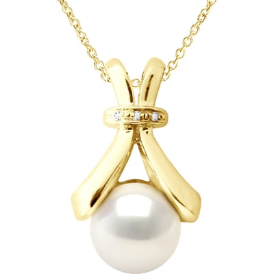 Halsketting Sieraad Diamant 0,01 Ct Geel Goud en Echte Gecultiveerde Zoetwaterparel Knop 6-7 mm