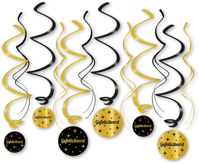 LUQ – Swirls Gefeliciteerd – Zwart-Goud – Luxe Hangdecoratie – Congratulations in Glam – Slingers Versiering – 12 Stuks