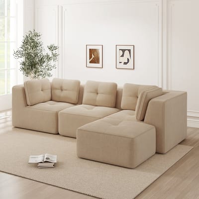 DESMIU Hoekbank 3-Zits - Modulaire L-Vorm Met Ottomane En Zonder Montage - Voor Woonkamer En Lounge - Cord Beige