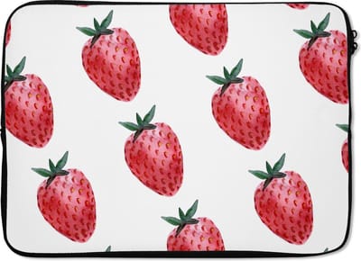 Laptophoes 14 inch - Aardbei - Patronen - Aquarel - Laptop sleeve - Binnenmaat 33x23 cm - Zwarte achterkant