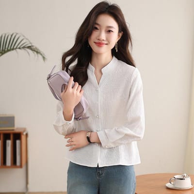 Katoen Jacquard V-hals Damesblouse Lente Nieuw Casual Eenvoudig Textuur Dunne Damesblouse 3XL wit