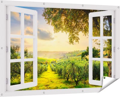 Gards Tuinposter Doorkijk Olijvenbomen - Olijvengaard - 150x100 cm - Tuindoek - Tuindecoratie - Wanddecoratie buiten - Tuinschilderij