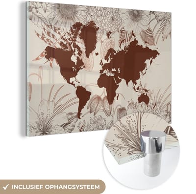 MuchoWow® Glasschilderij 60x40 cm - Schilderij acrylglas - Wereldkaart - Bloemen - Rood - Foto op glas - Schilderijen