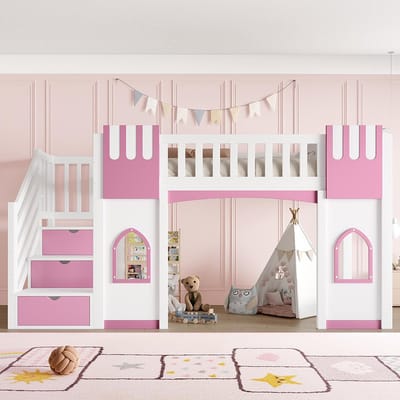 Pugsdrly Hoogslaper 90 x 200 cm met opbergtrap en raam, wit + roze