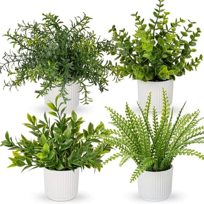 Set van 4 Kunstplanten in Pot voor Binnen, Realistische Mini Decoratieve Planten