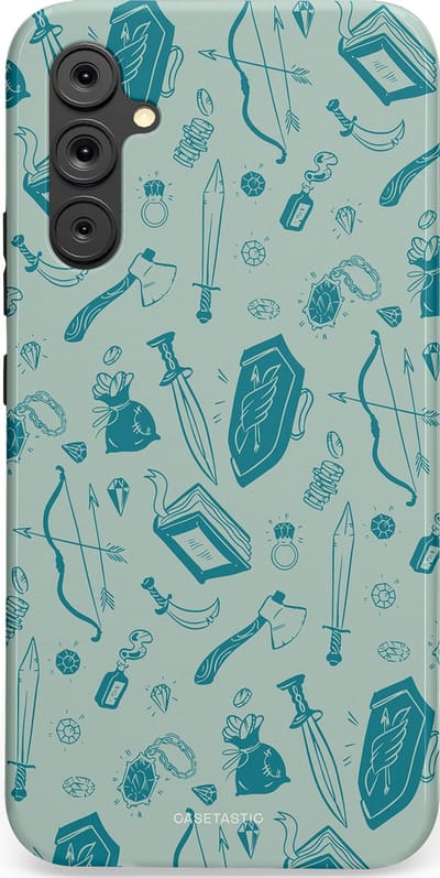 Casetastic Hoesje Geschikt voor Samsung A34 (5G) - Stijlvolle Beschermende Duo-layer Case - Avontuurlijke buit vol wapens