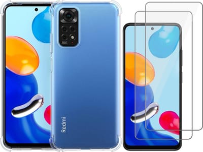 Hoesje geschikt voor Xiaomi Redmi Note 11 / Note 11S - Anti Shock Proof Siliconen Back Cover Case Hoes Transparant - 2x Tempered Glass Screenprotector