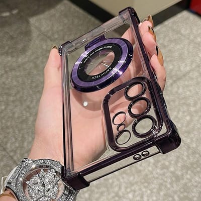 Luxe Plating Magnetische Draadloze Oplaadhouder Standaard Transparante Hoes Voor Sunsamg S24 S23 S22 S21 Ultra Plus Schokbestendige Telefoonhoes For Galaxy S24Ultra