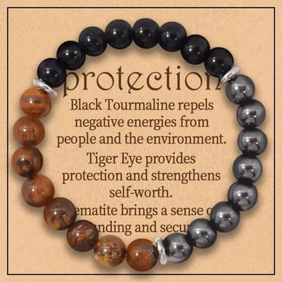 Drievoudige Beschermingsarmband:Tijgeroog, Zwarte Obsidiaan, & Hematiet 8mm Ronde Beschermingskristallen (Edelsteen Stretch Armband) 19cm black