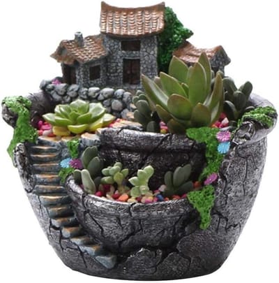 Decoratieve Vetplantenpot voor Tuindecoratie met Kunstbloemen en Micro-Landschapsplant - Zilverkleurig - Plantendecoratie voor Binnen en Buiten