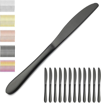 Set van 12 Zwarte Tafelmessen van Roestvrij Staal met Titanium Coating, Ideaal voor Thuis, Restaurant en Hotel, Vaatwasserbestendig