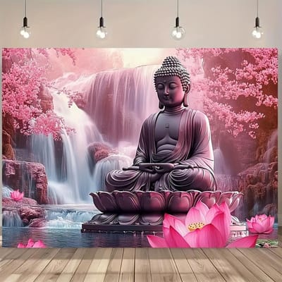 Boeddha Wandkleed, Mediterende Boeddha Op Lotusbloem Met Waterval En Kerselaar, Zen Kunst Decoratie Voor Woonkamer 130x150cm51x59in