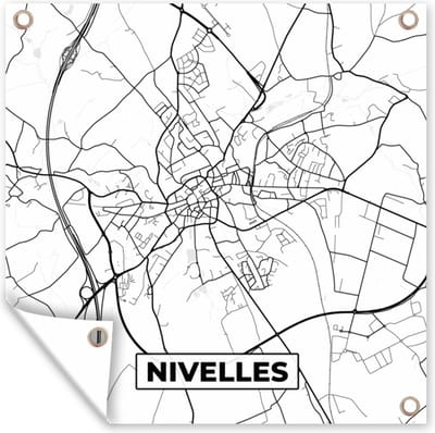 Tuin poster Zwart Wit – België – Plattegrond – Stadskaart – Kaart – Nivelles - 200x200 cm - Tuindoek