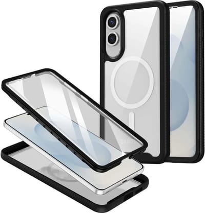 Hoesje met Ingebouwde Screenprotector Geschikt voor Samsung Galaxy S25 Edge | Compatibel met MagSafe / Qi2 | Full Protect Valbescherming | Schokbestendige Beschermhoes | Doorzichtig / Zwart