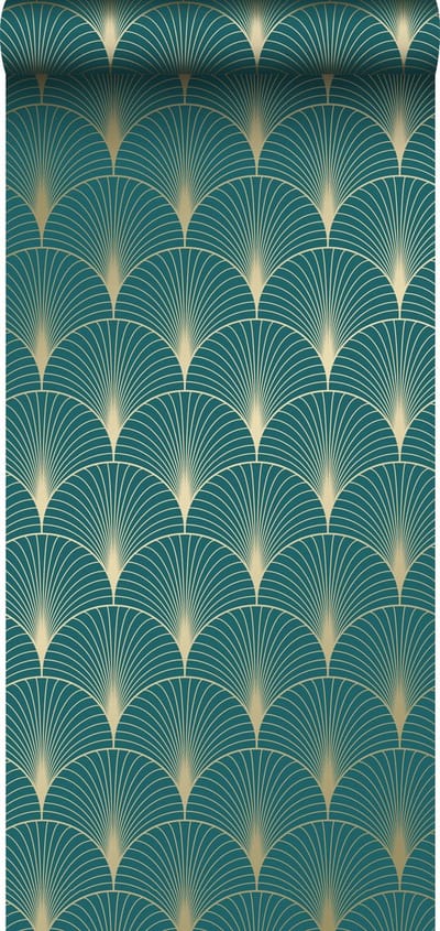ESTAhome behang art deco motief petrolblauw en goud - 53 cm x 10.05 m - 139230