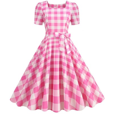 Dames Vintage geruite jurk met vierkante kraag en korte mouwen Midi-jurk Hoge taille Strik Decor A-lijn swingjurk XL pink