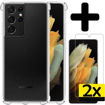 Hoesje - Met Screenprotector - 2 Stuks - Geschikt voor Samsung Galaxy S21 Ultra - Sterk & Shockproof - Siliconen Case - Back Cover - Telefoon Hoes - Shock Proof - Telefoonhoesjes - Transparant