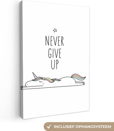 Kinderkamer decoratie - Eenhoorn - Quotes - Never give up - Quotes - Wanddecoratie meisjes - Canvas schilderij kinderen - Canvas doek kids - 20x30 cm