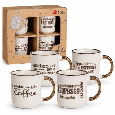 4 Koffiebekers Steengoed – 200 ml – Set van 4 Mokjes met Koffietekst – Metallic Glazuur – Ø 7,7 x 8,1 cm – In Kraftdoos