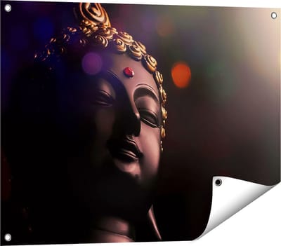 Gards Tuinposter Boeddha Beeld met Gouden Sierraden - 80x60 cm - Tuindoek - Tuindecoratie - Wanddecoratie buiten - Tuinschilderij