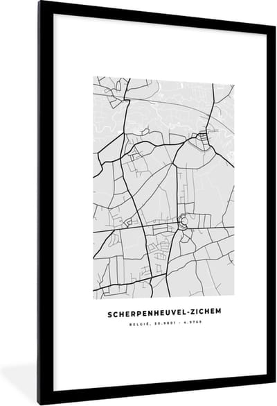Fotolijst incl. Poster Zwart Wit- Kaart – Plattegrond – Stadskaart – Scherpenheuvel Zichem – België – Zwart Wit - 80x120 cm - Posterlijst