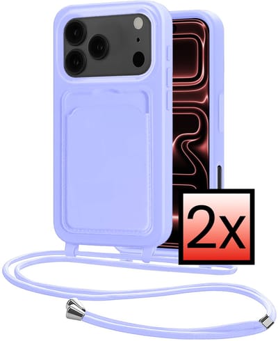 Hoes Geschikt voor iPhone 17 Pro Hoesje Pasjeshouder Cover Met Koord Case Siliconen Hoes Met Telefoonkoord en Kaarthouder - Lila - 2 PACK
