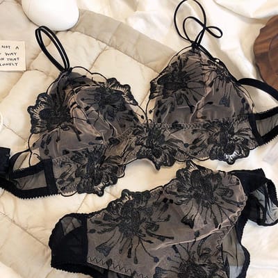 Franse kanten bloemen borduurwerk beha slipje set sexy ultradunne vrouwen ondergoed driehoek cup bralette romantische lingerie set L zwart