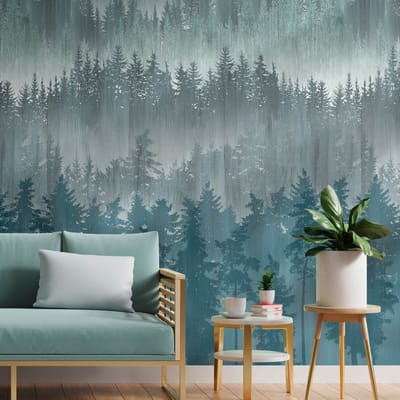Fotobehang Profhome 391813-GU vliesbehang hardvinyl warmdruk in reliëf glad met bosmotief mat blauw pastelturquoise petrol grijsblauw 1,59 m x 2,8 m