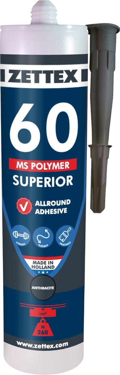 Zettex MS 60 Polymeerkit Superior - Montagekit – Lijmkit – Afdichtkit - Binnen & Buiten - 290ml - Antraciet