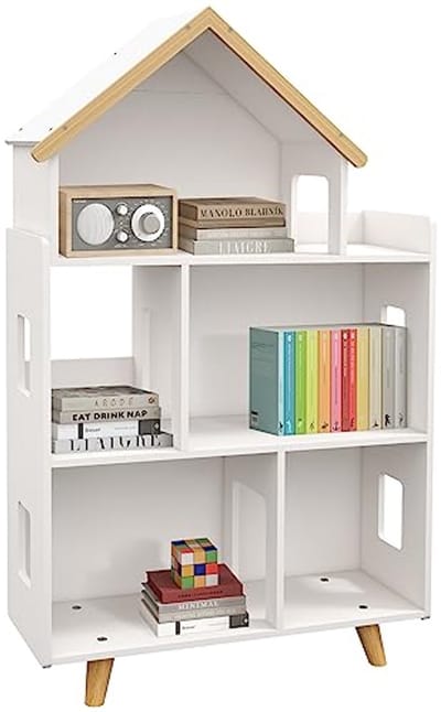 Opbergrek voor Kinderspeelgoed en Boeken - Houten Opbergkast in Huisvorm met 3 Niveaus