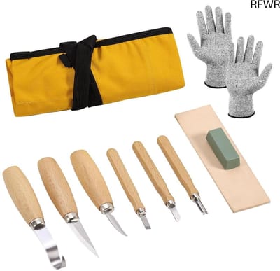 RFWR® Houtsnijgereedschapset voor Beginners en Professionals - 10-in-1 Snijdingen en Veiligheidsuitrusting