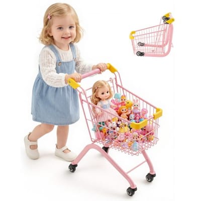 VEVOR Kinderwinkelwagen, speelgoedsupermarkt met stalen frame, 4 wielen en mand van dicht gaas, opvouwbaar accessoire voor de speelwinkel met een draagvermogen van 30 kg, speelwinkelspelletjes voor kinderen vanaf 3 jaar