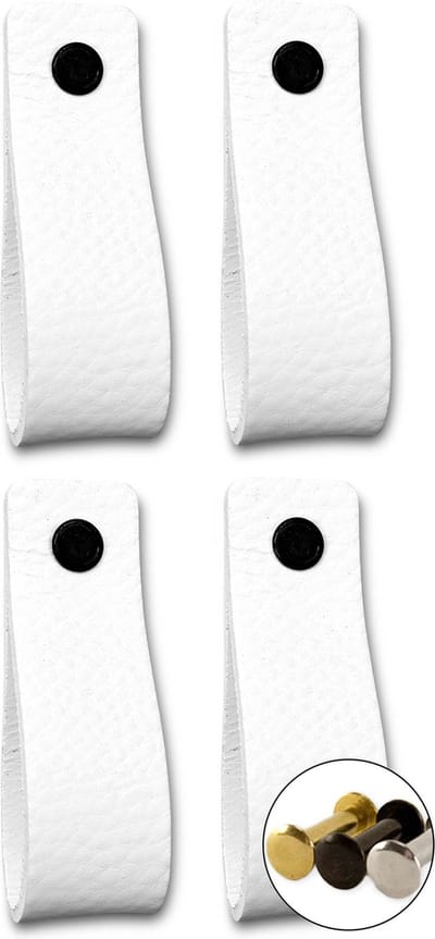 Leren handgrepen - Wit - 4 stuks - 16,5 x 2,5 cm - incl. 3 kleuren schroeven - handgrepen kast leer - meubelgrepen - handvaten kast - leren lus