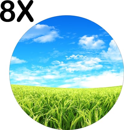 Luxe Ronde Placemat - Groen Gras met Blauwe Lucht en Witte Wolken - Set van 8 Placemats - 50x50 cm - 2 mm dik Vinyl - Anti Slip - Afneembaar