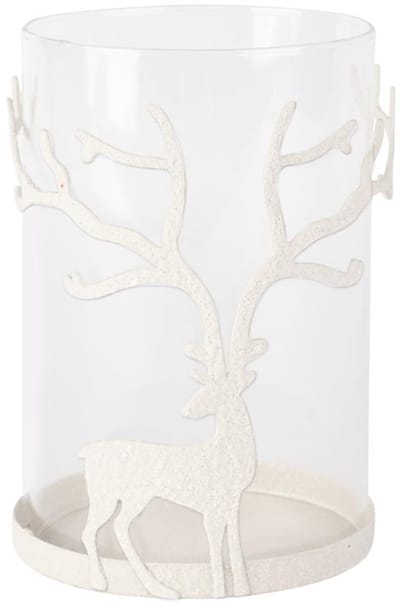 Dekoratief | Theelichthouder m/hert, wit/transparant, metaal/glas, 9x9x14cm | A255094