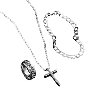 Bovista Ketting - Heren - Staal - Nep zilver - Met Hanger - 3 Stuks - Zilver