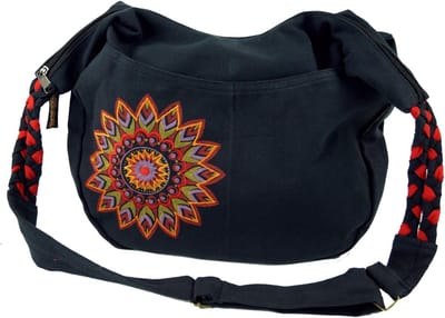 Boho Schoudertas Unisex met Mandala Patroon - Zwart/Rood Katoen - Grote Goa Tas