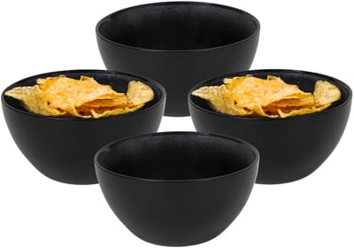 Bellatio Design Kommetje/serveer schaaltje Samos - antraciet/zwart - 4x - ontbijt/hapjes - keramiek - stapelbaar - 14 x 7 cm - Soepkommen
