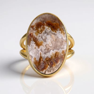 Cavill - Zilveren Ring met 13,4 ct Druzische Agaat - 925 Sterling Zilver Verguld - Ovaal Cabochon Bali Barong Stijl - Luxe Natuurlijke Sieraden
