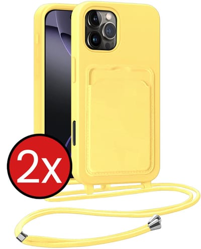Hoesje Geschikt voor iPhone 16 Pro Hoesje Met Telefoonkoord en Pasjeshouder Siliconen - Hoes Geschikt voor iPhone 16 Pro Hoesje Met Kaarthouder Case - Geel - 2 PACK